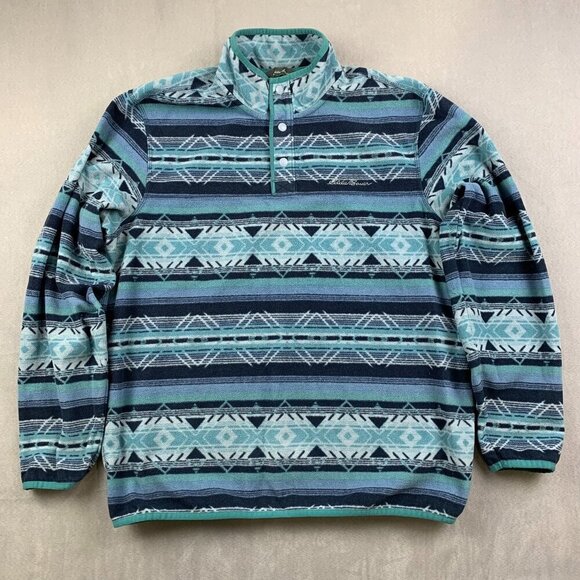 Eddie Bauer Men Sweater Large Blue Aztec 1/4 Button Fleece Pullover Southwestern - Picture 1 of 9